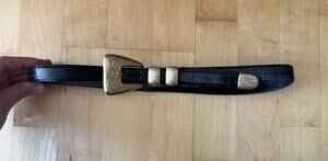 Vintage Avignon Belt Black Leather Western Embroidered Brass Buckle M